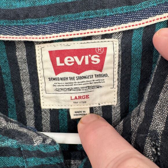 Levi's Linen Blend‎ Striped Button Down Shirt Men's Size Large Green/Blue/Black - Picture 11 of 13